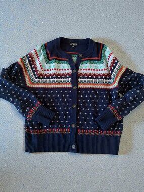 J CREW Navy Cherry Print Wool Blend Cardigan Sweater Size Large